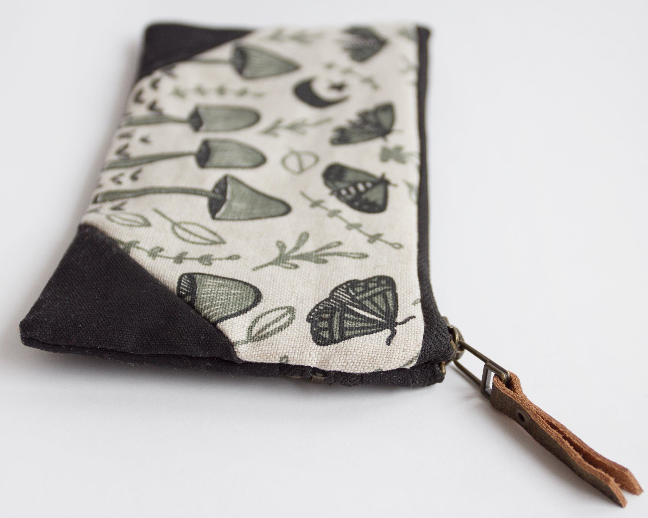 Small Double-Zipper Pouch - Mushrooms and Moths - Seafoam